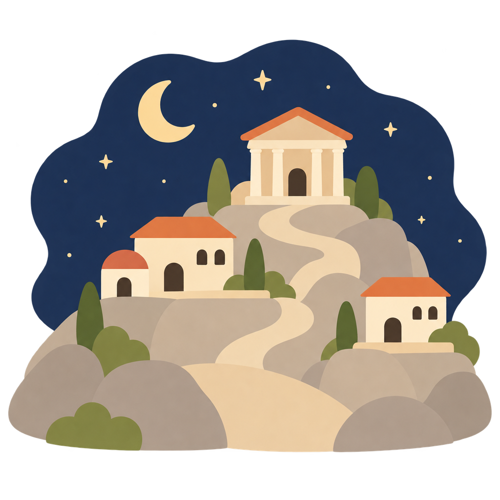 A calm night scene of Mount Olympus and Athens, with a temple, trees, waterfall, crescent moon, and stars.